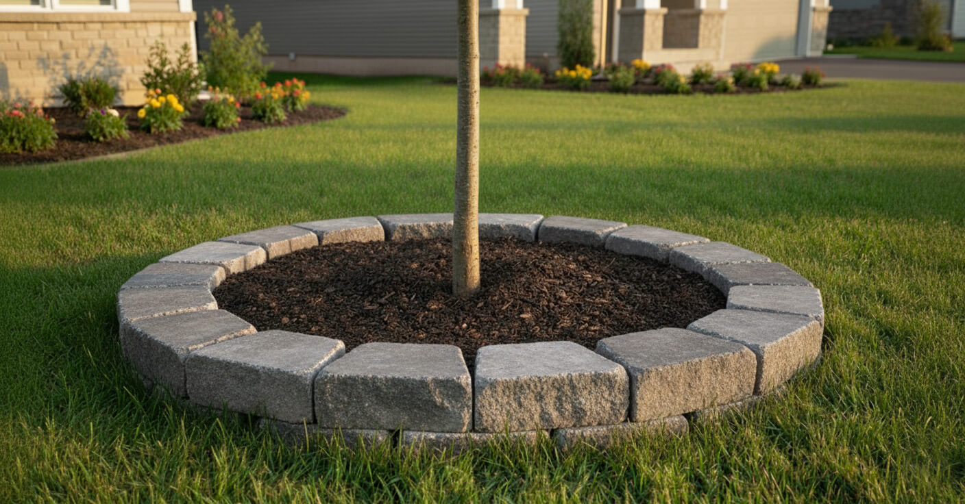 Finished PaverTrax paver ring installed around a tree trunk